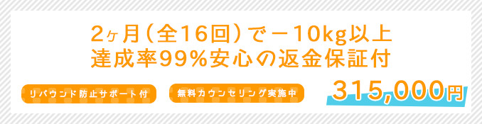 2ケ月(全16回)で-10kg以上達成率99%安心の返金保証付
